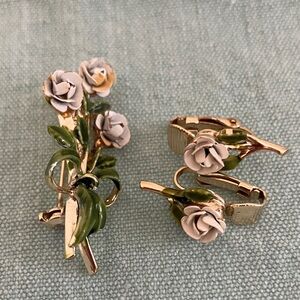 Floral Gold, Pink and Green Clip-On Earrings